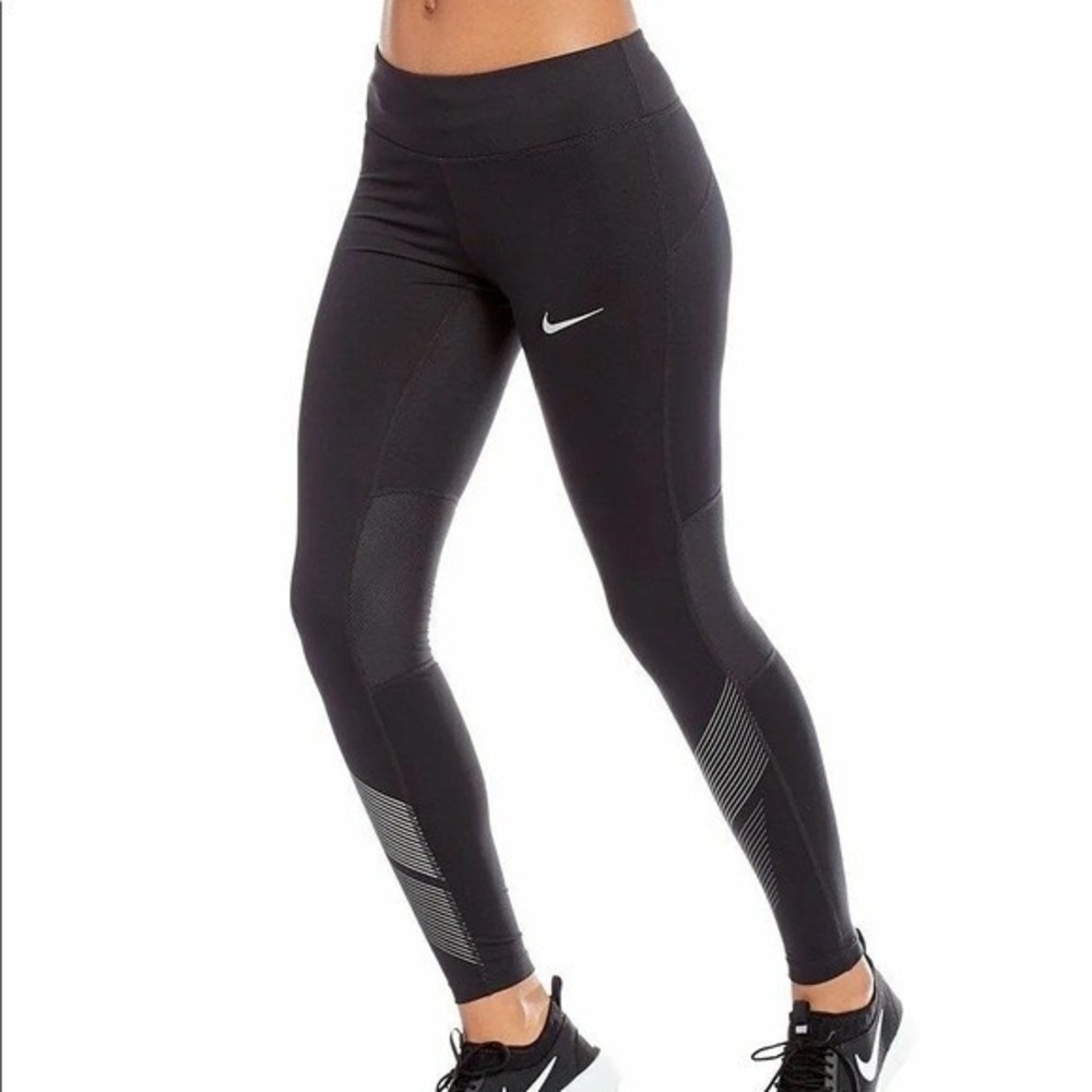Nike Dri-FIT Running Leggings Womens XS Black Reflective Stripe Zip Pocket EUC